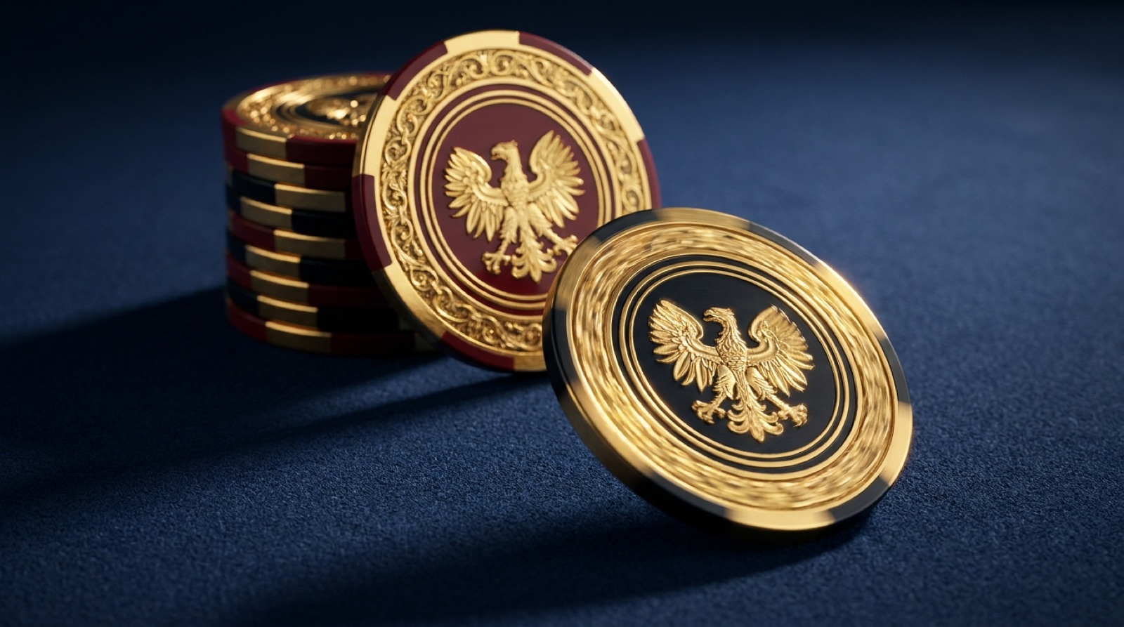 Luxury eagle-emblem poker chips stacked on navy felt